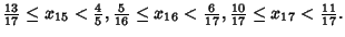 $ {\textstyle{13\over 17}}\leq x_{15}<{\textstyle{4\over 5}}, {\textstyle{5\over...
...tyle{6\over 17}}, {\textstyle{10\over 17}}\leq x_{17}<{\textstyle{11\over 17}}.$