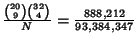 ${{20\choose 9}{32\choose 4}\over N}={888{,}212\over 93{,}384{,}347}$