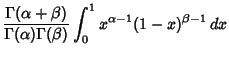 $\displaystyle {\Gamma(\alpha +\beta)\over \Gamma(\alpha)\Gamma(\beta)}
\int_0^1 x^{\alpha-1} (1-x)^{\beta-1}\,dx$