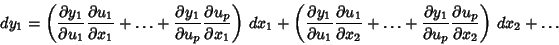 \begin{displaymath}
dy_1=\left({{\partial y_1\over\partial u_1}{\partial u_1\ove...
...rtial u_p}{\partial u_p\over\partial x_2}}\right)\,dx_2+\ldots
\end{displaymath}