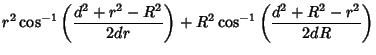 $\displaystyle r^2\cos^{-1}\left({d^2+r^2-R^2\over 2dr}\right)+R^2\cos^{-1}\left({d^2+R^2-r^2\over 2dR}\right)$