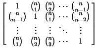 $\displaystyle \left[\begin{array}{ccccc} 1 & {n\choose 1} & {n\choose 2} & \cdo...
...ts\\  {n\choose 1} & {n\choose 2} & {n\choose 3} & \cdots & 1\end{array}\right]$