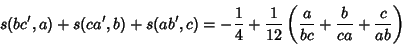 \begin{displaymath}
s(bc',a)+s(ca',b)+s(ab',c)=-{1\over 4}+{1\over 12}\left({{a\over bc}+{b\over ca}+{c\over ab}}\right)
\end{displaymath}