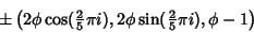 \begin{displaymath}
\pm \left({2\phi\cos({\textstyle{2\over 5}}\pi i), 2\phi\sin({\textstyle{2\over 5}}\pi i), \phi-1}\right)
\end{displaymath}