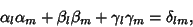 \begin{displaymath}
\alpha_l\alpha_m+\beta_l\beta_m+\gamma_l\gamma_m = \delta_{lm},
\end{displaymath}