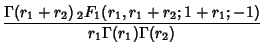 $\displaystyle {\Gamma(r_1+r_2)\,{}_2F_1(r_1, r_1+r_2; 1+r_1; -1)\over r_1\Gamma(r_1)\Gamma(r_2)}$