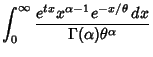 $\displaystyle \int_0^\infty {e^{tx}x^{\alpha-1}e^{-x/\theta}\,dx\over \Gamma (\alpha)\theta^\alpha}$