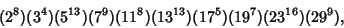 \begin{displaymath}
(2^8)(3^4)(5^{13})(7^9)(11^8)(13^{13})(17^5)(19^7)(23^{16})(29^9),
\end{displaymath}