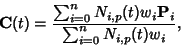 \begin{displaymath}
{\bf C}(t)={\sum_{i=0}^n N_{i,p}(t)w_i{\bf P}_i\over \sum_{i=0}^n N_{i,p}(t)w_i},
\end{displaymath}