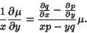 \begin{displaymath}
{1\over x} {\partial\mu\over\partial y}
= {{\partial q\over\partial x} - {\partial p\over\partial y}\over xp-yq}\mu.
\end{displaymath}