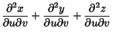 $\displaystyle {\partial^2x\over\partial u\partial v}+{\partial^2y\over\partial u\partial v}+{\partial^2z\over\partial u\partial v}$