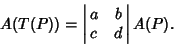 \begin{displaymath}
A(T(P)) = \left\vert\matrix{a & b\cr c & d\cr}\right\vert A(P).
\end{displaymath}