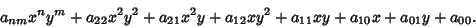 \begin{displaymath}
a_{nm} x^n y^m +a_{22} x^2 y^2+a_{21} x^2 y+a_{12} xy^2+a_{11} xy+a_{10}x+a_{01}y+a_{00}.
\end{displaymath}