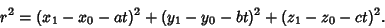 \begin{displaymath}
r^2=(x_1-x_0-at)^2+(y_1-y_0-bt)^2+(z_1-z_0-ct)^2.
\end{displaymath}