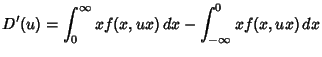 $\displaystyle D'(u)=\int_0^\infty xf(x,ux)\,dx-\int_{-\infty}^0 xf(x,ux)\,dx$