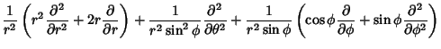 $\displaystyle {1\over r^2}\left({r^2{\partial^2\over\partial r^2}+2r{\partial\o...
...\phi{\partial\over\partial\phi}+\sin\phi{\partial^2\over\partial\phi^2}}\right)$