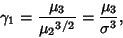 \begin{displaymath}
\gamma_1 = {\mu_3\over {\mu_2}^{3/2}} = {\mu_3\over\sigma^3},
\end{displaymath}