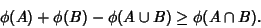 \begin{displaymath}
\phi(A)+\phi(B)-\phi(A\cup B)\geq \phi(A\cap B).
\end{displaymath}