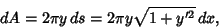 \begin{displaymath}
dA=2\pi y\, ds = 2\pi y\sqrt{1+y'^2}\,dx,
\end{displaymath}