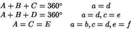 \begin{displaymath}
\matrix{
A+B+C=360^\circ & a=d\cr
A+B+D=360^\circ & a=d, c=e\cr
A=C=E & a=b, c=d, e=f\cr}
\end{displaymath}