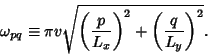 \begin{displaymath}
\omega_{pq} \equiv \pi v\sqrt{\left({p\over L_x}\right)^2+\left({q\over L_y}\right)^2}.
\end{displaymath}